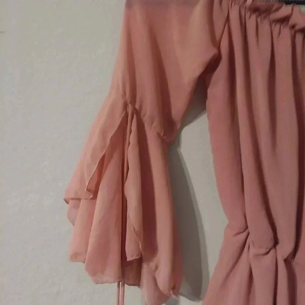 Papaya Pink‎ Off The Shoulder Romper Tiered Bell Sleeve Ruffle Hem Summer Boho